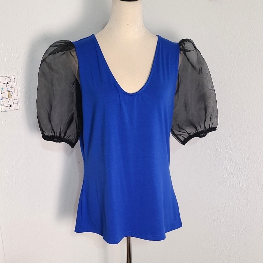 Royal Blue T-Shirt Top with Black Sheer Puff Sleeves, Scoop Neckline, Size XL